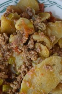 Potato Goulash with Ground Beef is a easy dinner idea.  If you've ever wondered what can I add to boxed scalloped potatoes, look no farther.  This recipe uses boxed scalloped potatoes and ground beef for a kid-friendly meal. 