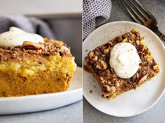 overhead: collage of a close up of the layers and a piece of pumpkin dump cake on a white plate with freshly whipped cream and a little cinnamon 