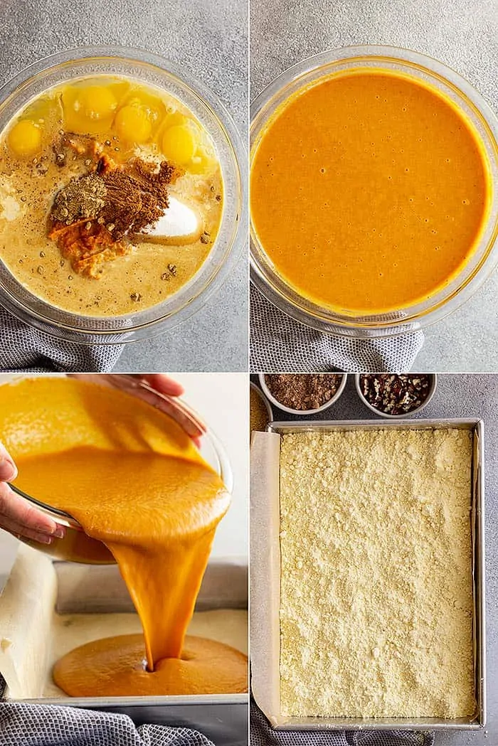 overhead: a collage of photos showing how to make pumpkin pie dump cake