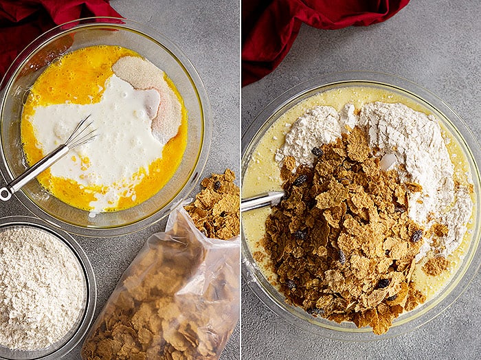 Pictures of making the batter for the raisin bran muffins.