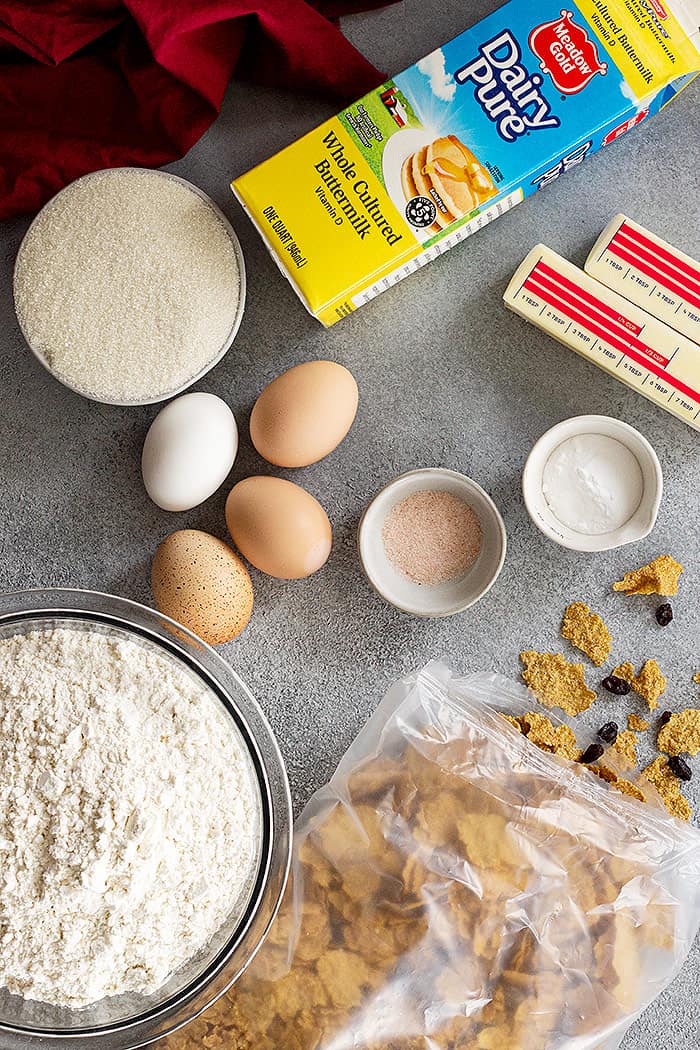 Ingredients for raisin bran muffins.