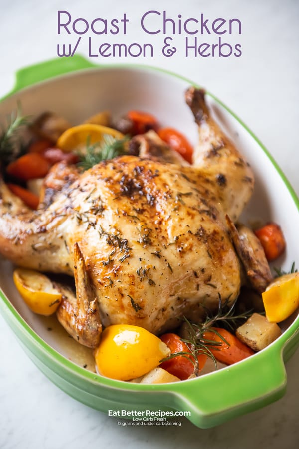Baked chicken with Lemon, Garlic and Herbs in a ceramic baking bowl