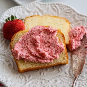 square image of roasted strawberry butter on pound cake