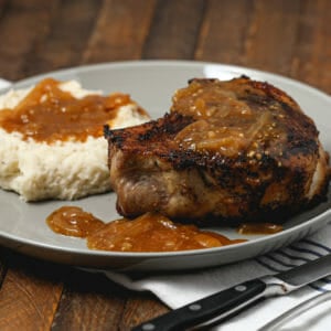 Gluten Free Rose Harissa Pork Chops with Onion Gravy