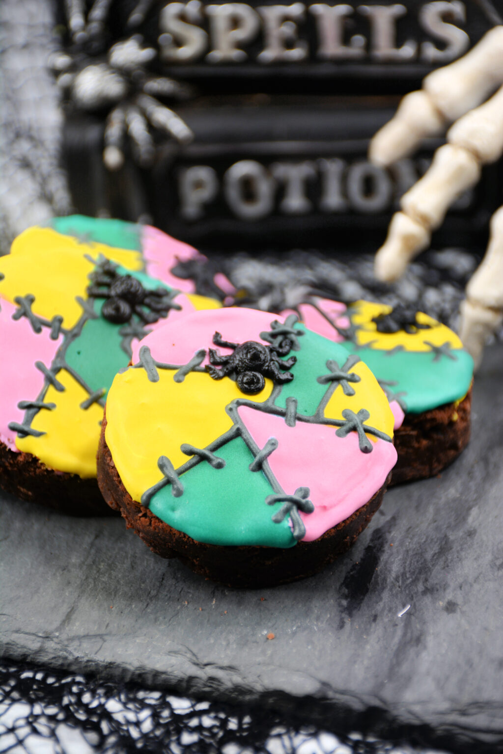 sally brownies on a black plate