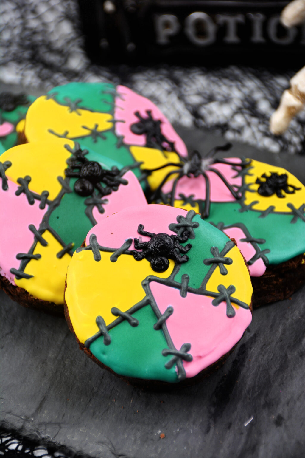 sally brownies on a black plate