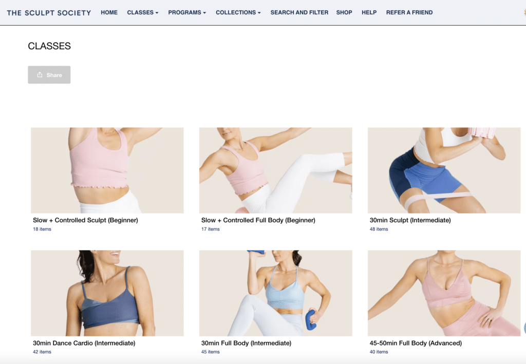 Picture of the workout categories on The Sculpt Society App.
