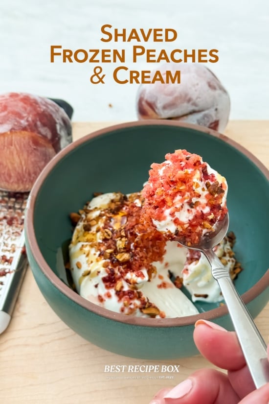 spoon full of shaved frozen peaches and cream 