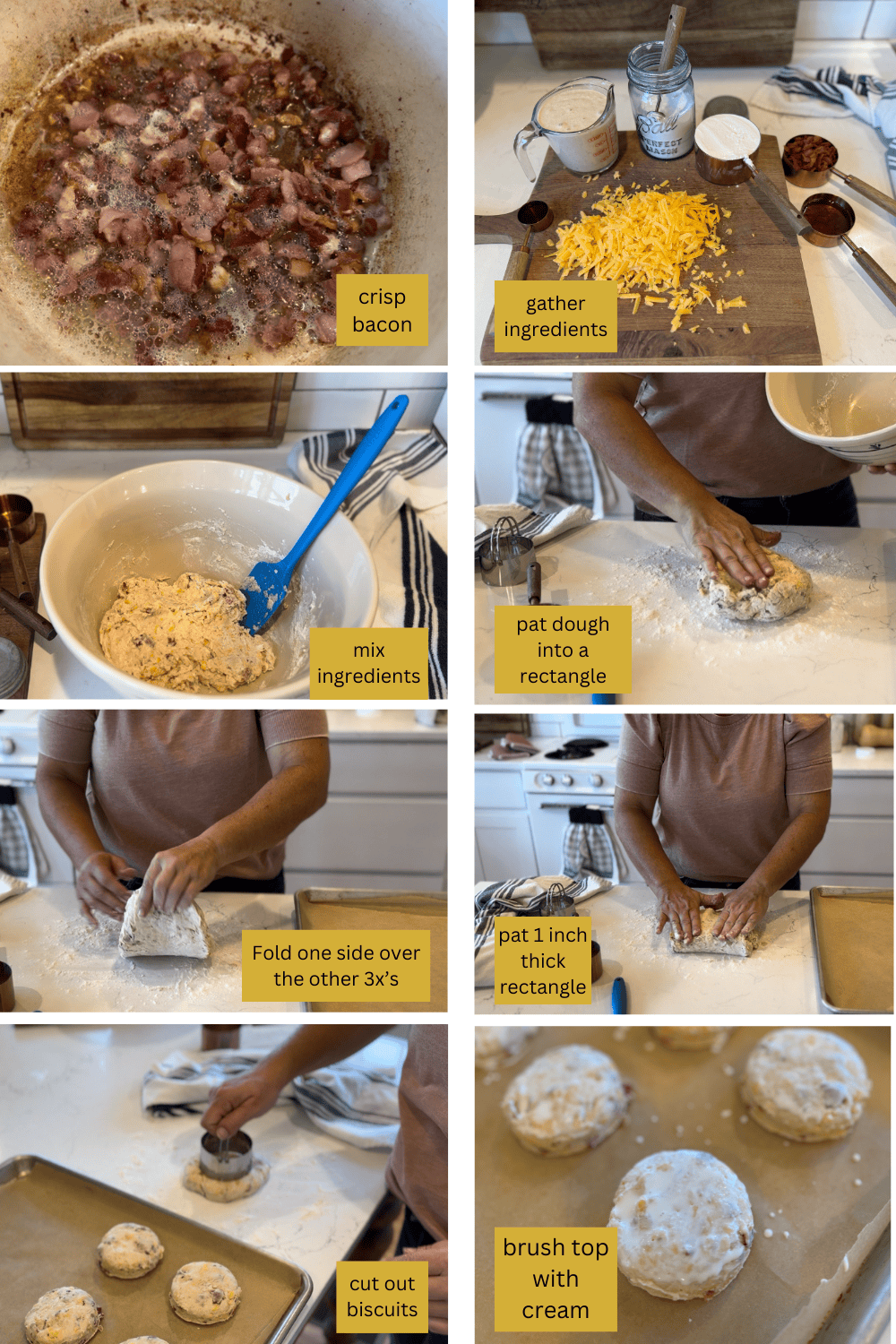 recipe steps 2-9: Prep Bacon: If using raw bacon slices, slice into 1/2 inch pieces and cook in a skillet over medium high heat till golden browned and crispy. Remove them from the pot, and reserve 1/4 cup of the bacon grease.
In a large bowl, whisk together the flour and sourdough starter until there are no lumps.
Stir in the bacon grease and maple syrup until the mixture is well combined.
Gently fold in the shredded cheddar cheese and crispy bacon pieces.
Turn the dough out onto a lightly floured surface. Use your hands to pat it into a square or rectangle about 1 inch thick.
To make the biscuits flaky, fold the dough in half lengthwise, then in half again, creating a layered effect.
Unfold the dough and pat it into a circle. Use a biscuit cutter or a glass to cut out circles of dough. You should get about 6 biscuits.
Use a pastry brush to spread cream over the tops of each biscuit, before baking them.