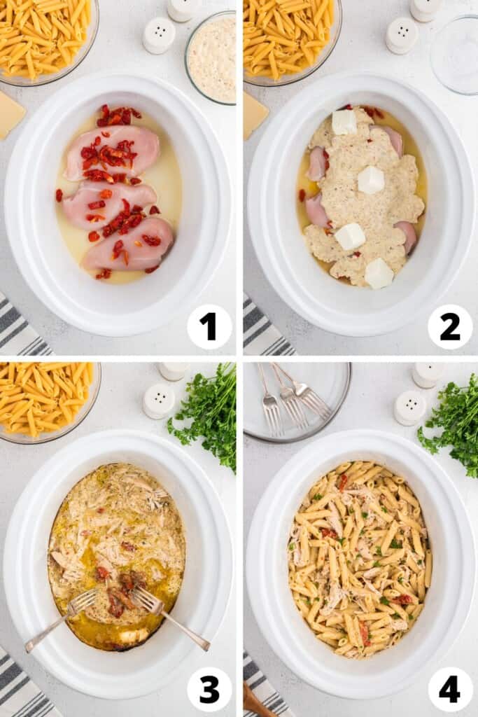 Collage of Slow Cooker Garlic Parmesan Chicken Pasta Recipe Steps