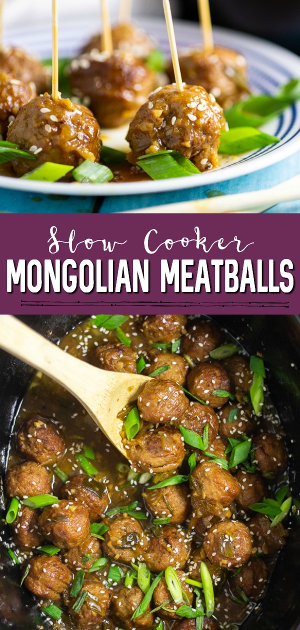 Slow Cooker Mongolian Meatballs are a super easy appetizer recipe featuring savory slow cooker meatballs in a sticky Mongolian glaze sauce.  This restaurant inspired recipe is a family favorite perfect for game day food, holiday appetizers for a crowd, or even served with rice for dinner.