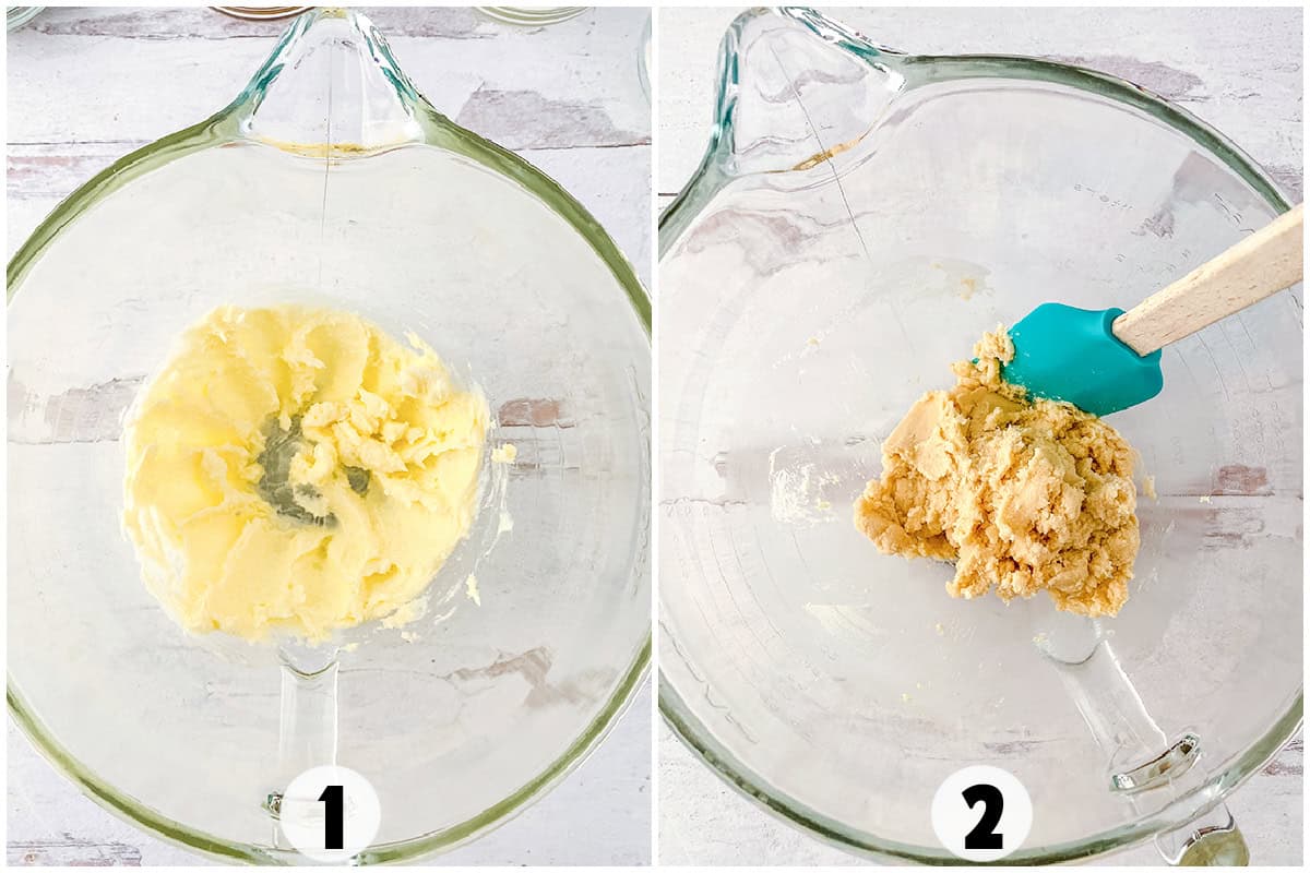 Two images of a mixing process: Image 1 shows butter and sugar creamed together for homemade Samoas; Image 2 reveals cookie dough with a blue spatula in a transparent mixing bowl.