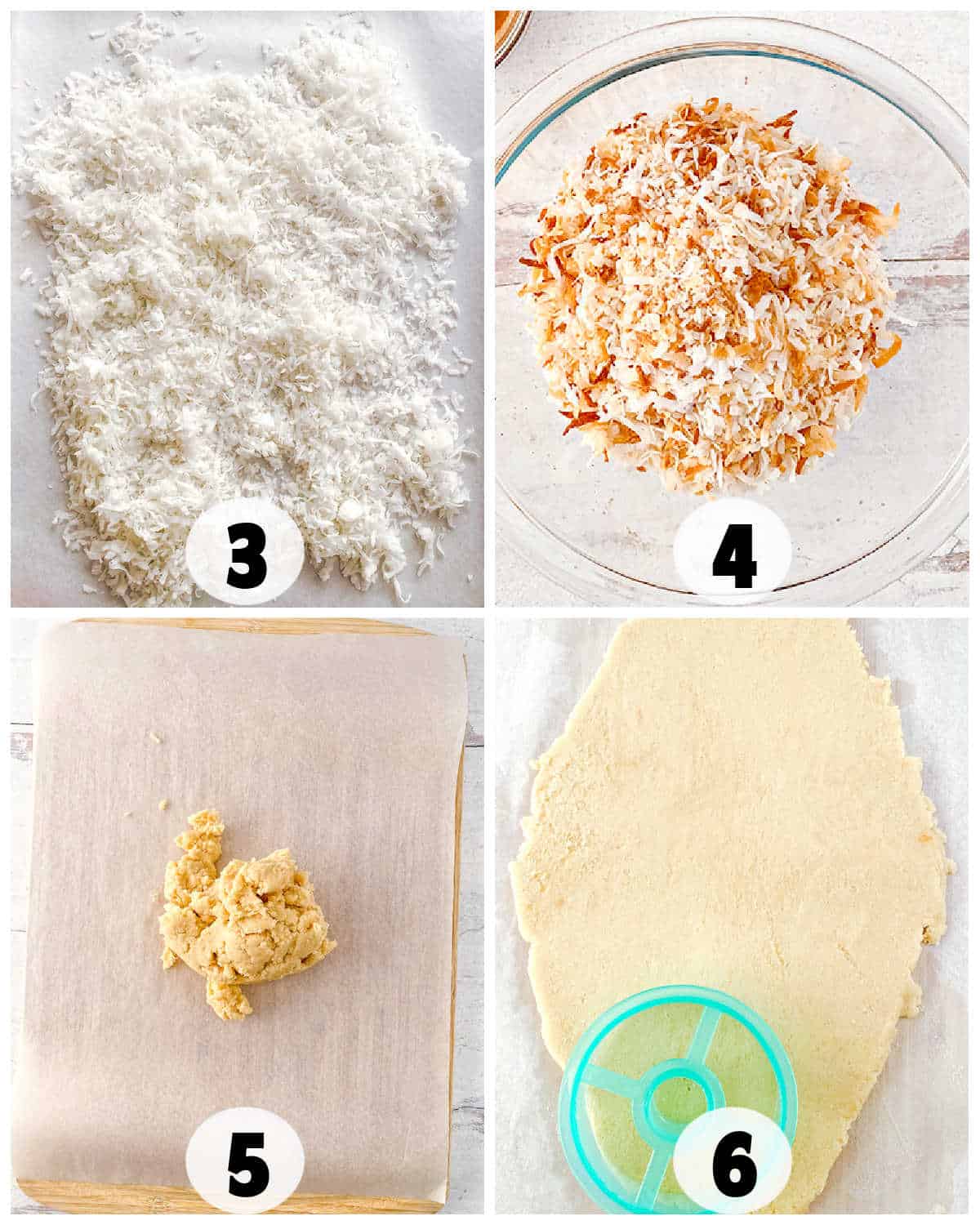 In step 3, add coconut flakes; in step 4, toast them to perfection. Place dough on the baking sheet in step 5, and by step 6, use a round cutter to shape your homemade Samoas for that authentic touch.