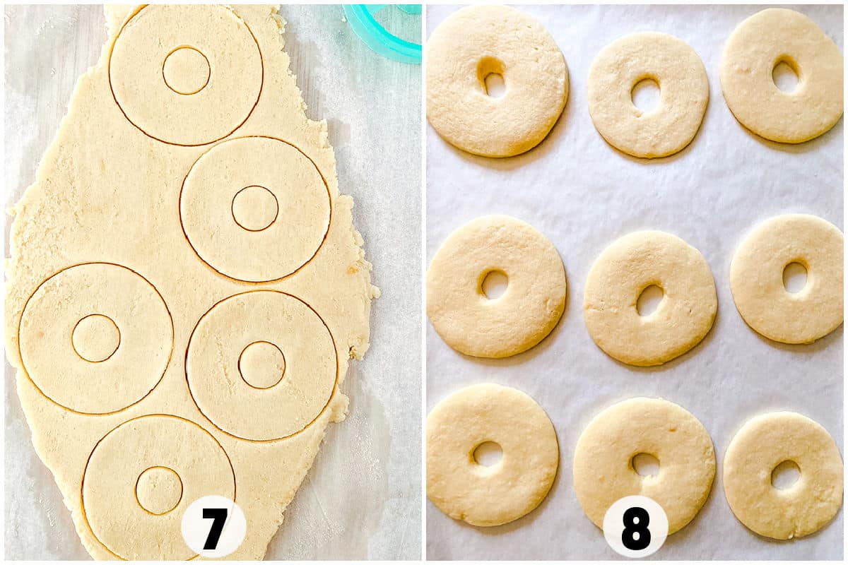 Side-by-side image of cookie dough with circular cutouts (left) and homemade Samoas ring-shaped cookies fresh from the oven on parchment paper (right).