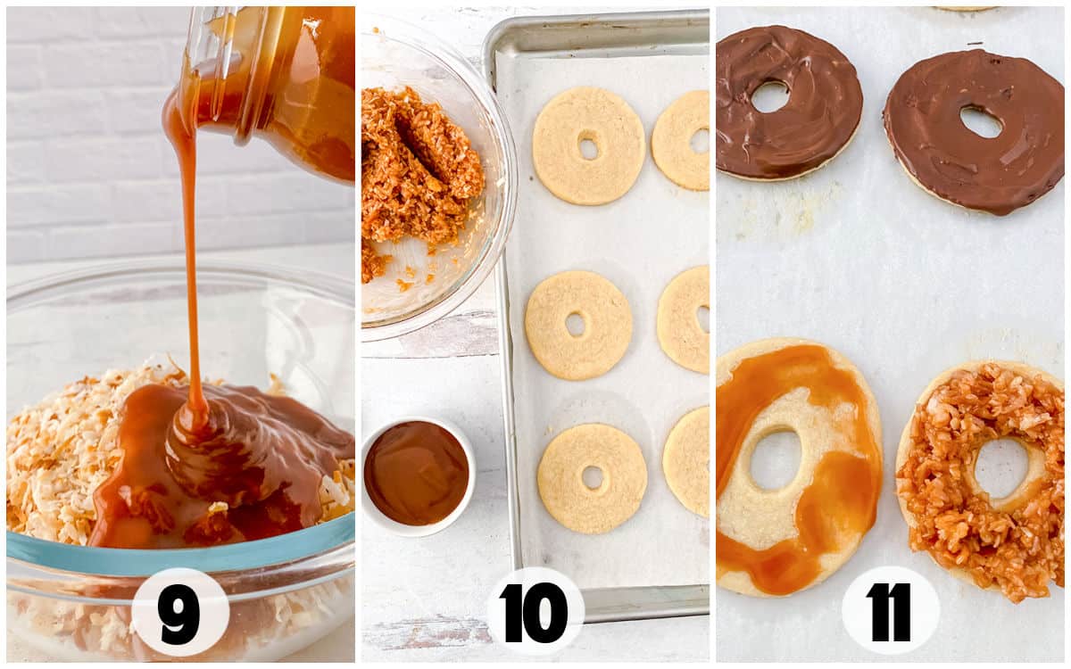 Three-step process: homemade Samoas start with caramel sauce poured into a bowl with dry ingredients, followed by doughnut-shaped cookies on a tray, and finished with cookies topped with rich caramel and chocolate mixtures. Steps numbered 9, 10, 11.