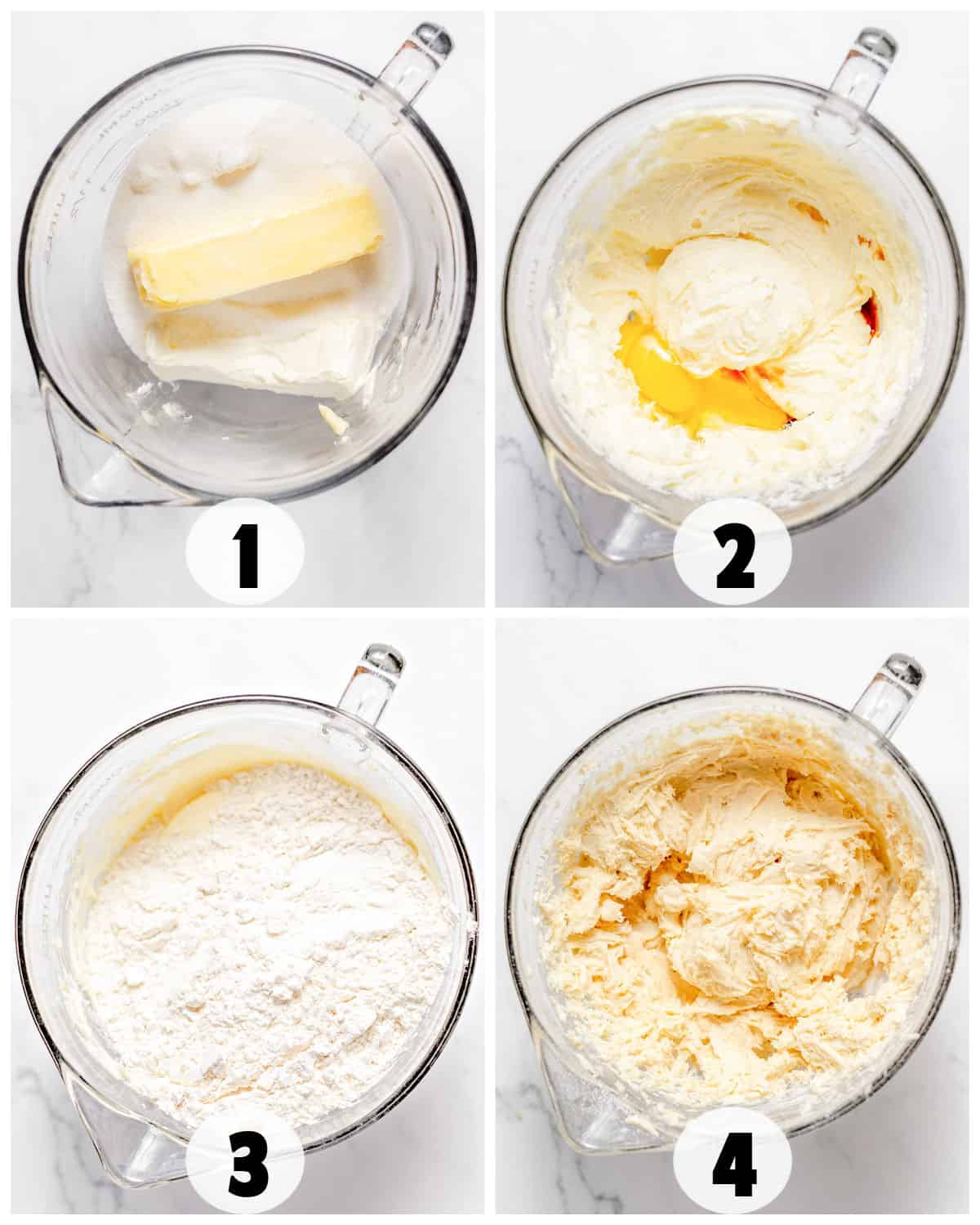 Witness the gooey transformation in this classic cookie recipe: 1. Cream butter and sugar, 2. Blend in egg and vanilla, 3. Fold in flour, 4. Mix until a perfect dough forms.