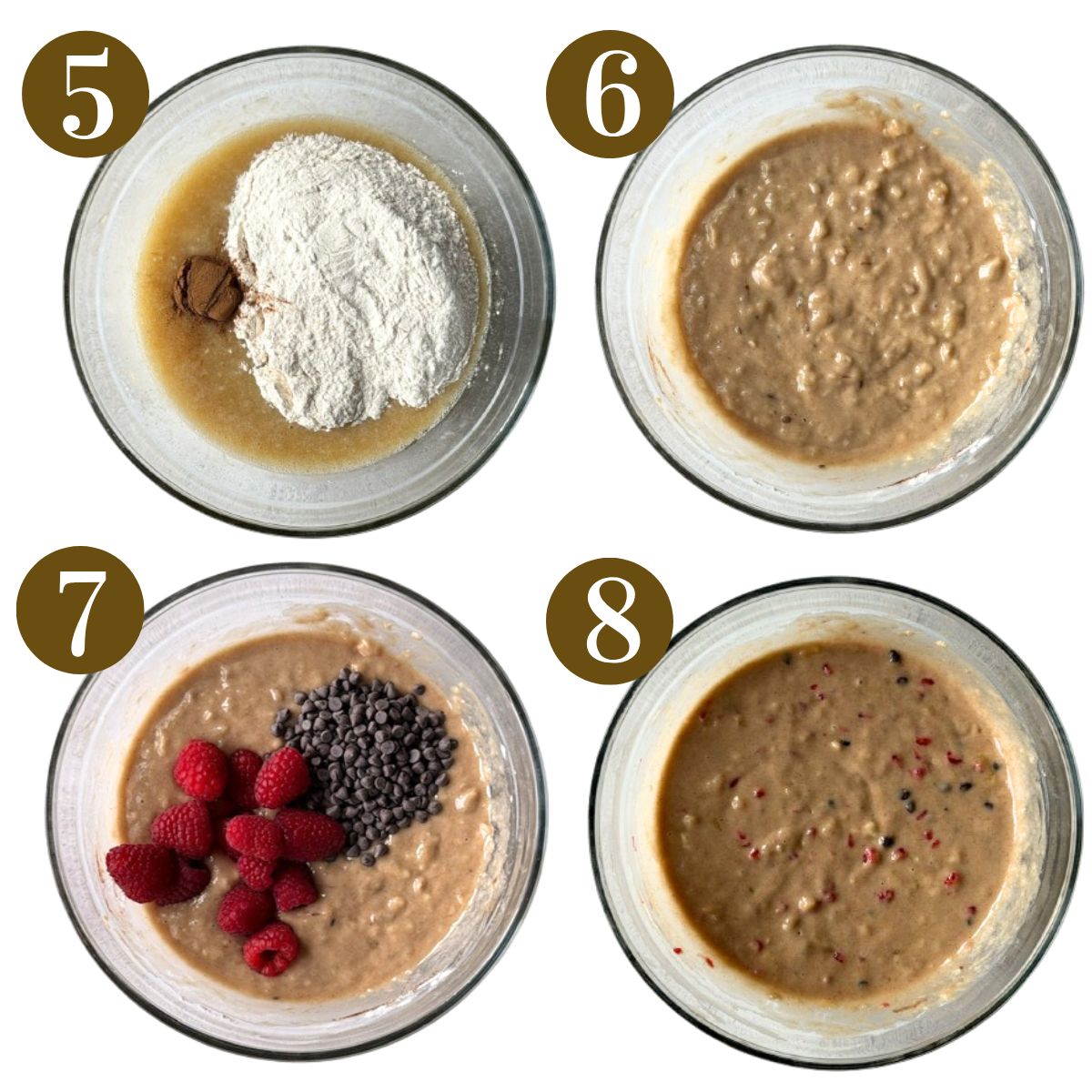 Steps to make raspberry banana muffins.