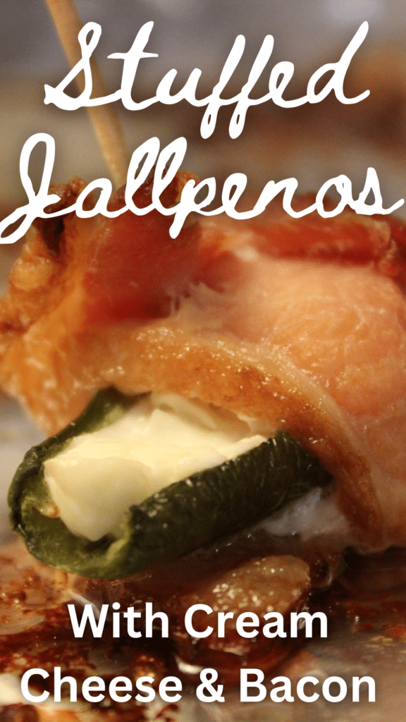 bacon topped crease stuffed jalapeno poppers with text