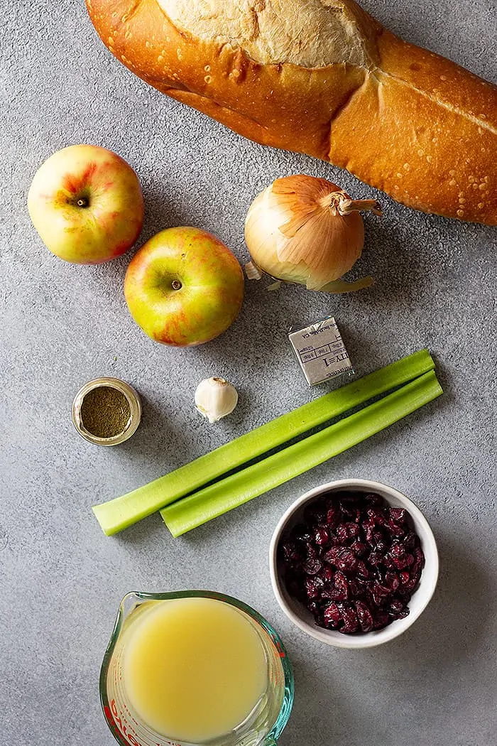 overhead: ingredients to make the apple cranberry stuffing for the stuffed turkey