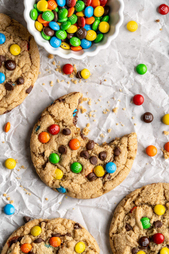 Peanut free monster cookie with bite taken out.