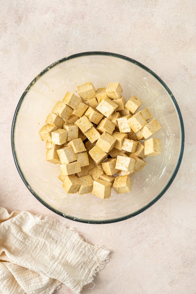 The cubed tofu in a mixing bowl.