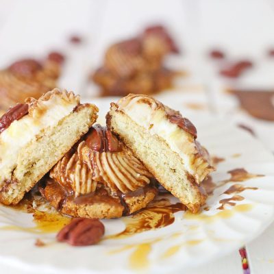 Close up image of turtle cookies with pecans, caramel and chocolate
