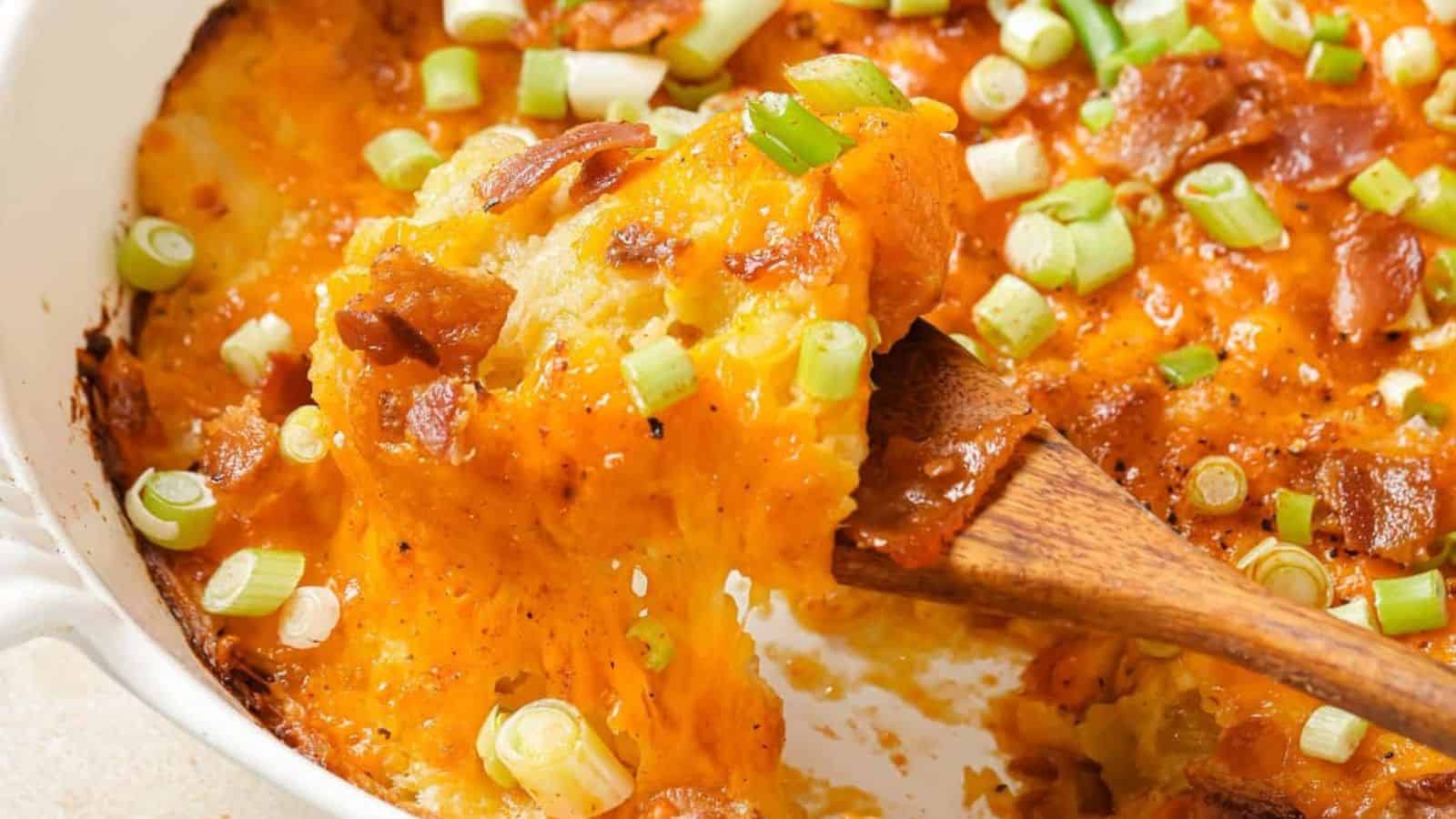 Twice baked potato casserole with bacon and green onions.