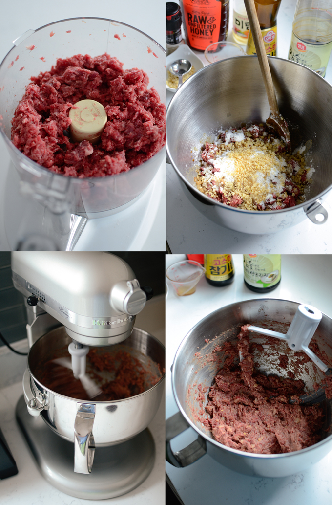 Minced beef in a processor, then mixed with seasonings in a stand mixer.