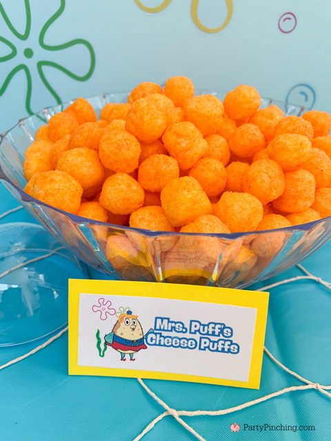 Mrs. Puff's Cheese Puffs, spongebob theme party, best easy spongebob party ideas, cute creative spongebob party ideas, chocolate bars, kelpo cheesecake cups, best spongebob doodle bob cake, chum bucket chum on a stick, sandy's tree dome moon pies