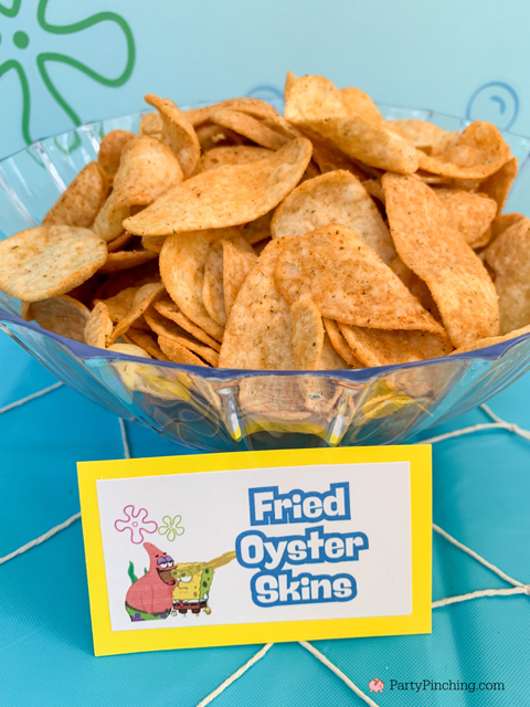 Fried Oyster Skins, ultimate spongebob party, spongebob theme party, best easy spongebob party ideas, cute creative spongebob party ideas, chocolate bars, kelpo cheesecake cups, best spongebob doodle bob cake, chum bucket chum on a stick, sandy's tree dome moon pies