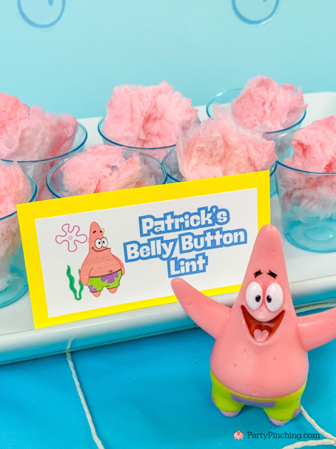 Patrick's Belly Button Lint Cotton Candy, ultimate spongebob party, spongebob theme party, best easy spongebob party ideas, cute creative spongebob party ideas, chocolate bars, kelpo cheesecake cups, best spongebob doodle bob cake, chum bucket chum on a stick, sandy's tree dome moon pies