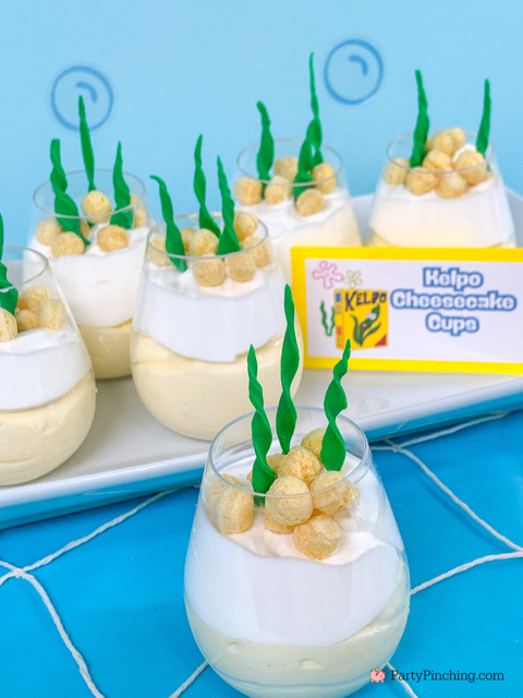 spongebob kelpo cheesecake cups, kelpo cereal, cheesecake pie filling easy best spongebob dessert food party recipe ideas, best spongebob themed party ideas