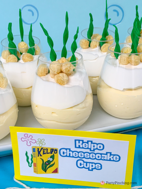 Kelpo Cheesecake Cups, ultimate spongebob party, spongebob theme party, best easy spongebob party ideas, cute creative spongebob party ideas, chocolate bars, kelpo cheesecake cups, best spongebob doodle bob cake, chum bucket chum on a stick, sandy's tree dome moon pies