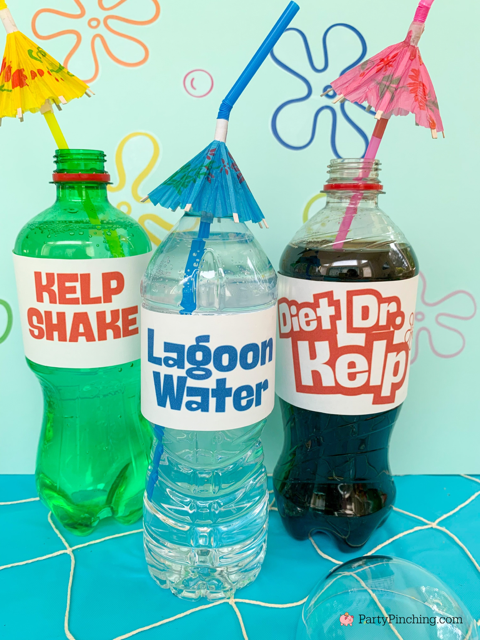 Kelp shake lagoon water diet dr kelp soda, spongebob theme party, best easy spongebob party ideas, cute creative spongebob party ideas, chocolate bars, kelpo cheesecake cups, best spongebob doodle bob cake, chum bucket chum on a stick, sandy's tree dome moon pies