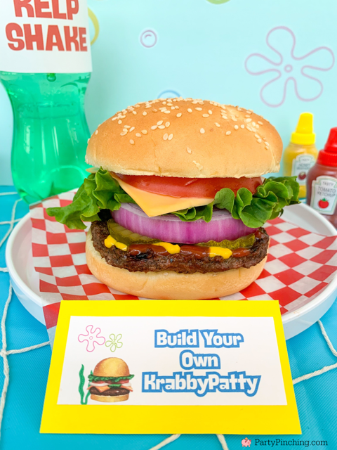 Build your own Krabby Patty, ultimate spongebob party, spongebob theme party, best easy spongebob party ideas, cute creative spongebob party ideas, chocolate bars, kelpo cheesecake cups, best spongebob doodle bob cake, chum bucket chum on a stick, sandy's tree dome moon pies