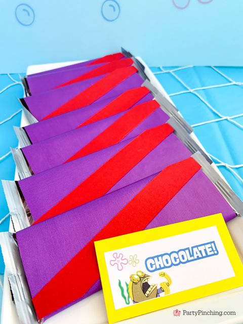 SpongeBob Chocolate bars, ultimate spongebob party, spongebob theme party, best easy spongebob party ideas, cute creative spongebob party ideas, chocolate bars, kelpo cheesecake cups, best spongebob doodle bob cake, chum bucket chum on a stick, sandy's tree dome moon pies