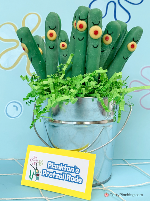 Plankton's Pretzel Rods, ultimate spongebob party, spongebob theme party, best easy spongebob party ideas, cute creative spongebob party ideas, chocolate bars, kelpo cheesecake cups, best spongebob doodle bob cake, chum bucket chum on a stick, sandy's tree dome moon pies