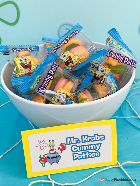 Mr. Krabs gummy krabby patties, ultimate spongebob party, spongebob theme party, best easy spongebob party ideas, cute creative spongebob party ideas, chocolate bars, kelpo cheesecake cups, best spongebob doodle bob cake, chum bucket chum on a stick, sandy's tree dome moon pies