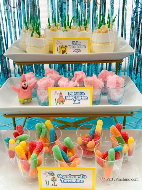 ultimate spongebob party, spongebob theme party, best easy spongebob party ideas, cute creative spongebob party ideas, chocolate bars, kelpo cheesecake cups, best spongebob doodle bob cake, chum bucket chum on a stick, sandy's tree dome moon pies