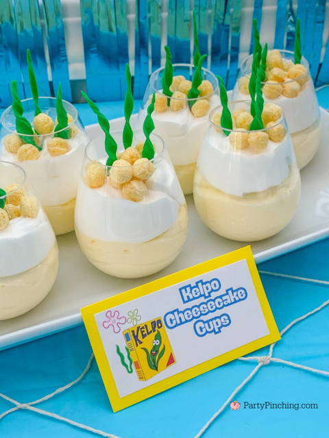 spongebob kelpo cheesecake cups, kelpo cereal, cheesecake pie filling easy best spongebob dessert food party recipe ideas, best spongebob themed party ideas