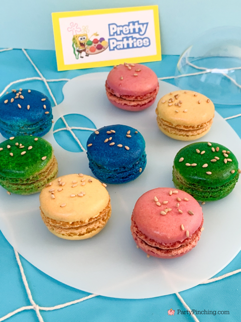 Pretty Patties macaron cookies, ultimate spongebob party, spongebob theme party, best easy spongebob party ideas, cute creative spongebob party ideas, chocolate bars, kelpo cheesecake cups, best spongebob doodle bob cake, chum bucket chum on a stick, sandy's tree dome moon pies