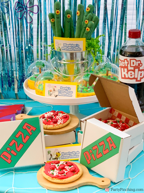ultimate spongebob party, spongebob theme party, best easy spongebob party ideas, cute creative spongebob party ideas, chocolate bars, kelpo cheesecake cups, best spongebob doodle bob cake, chum bucket chum on a stick, sandy's tree dome moon pies
