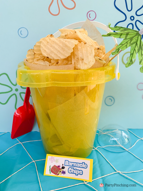 Barnacle Chips, spongebob theme party, best easy spongebob party ideas, cute creative spongebob party ideas, chocolate bars, kelpo cheesecake cups, best spongebob doodle bob cake, chum bucket chum on a stick, sandy's tree dome moon pies