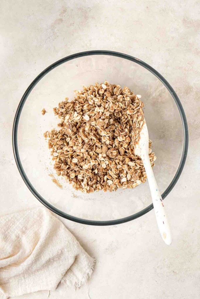 Crumble topping mixed in a glass bowl.