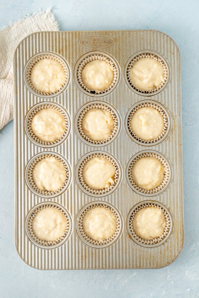 The cupcake batter in the pan ready for the oven.