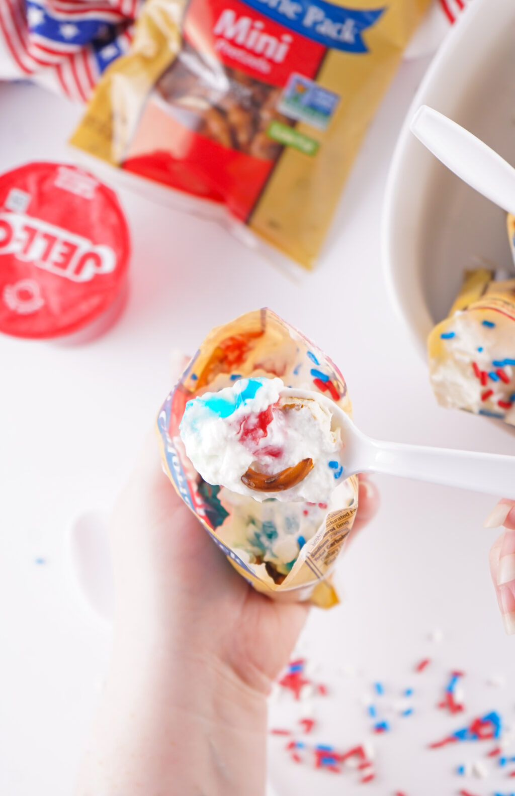 spoon of Walking Jello Pretzel Salad