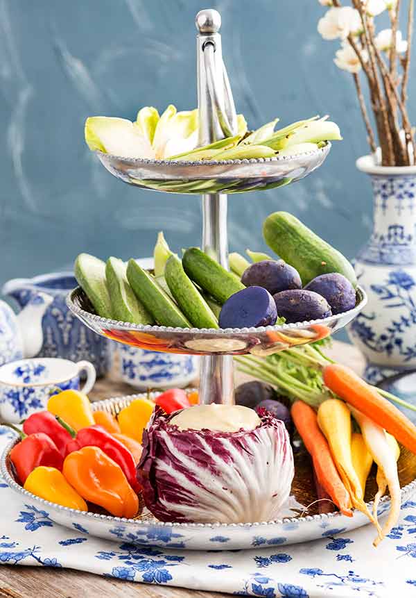 Wasabi Dip in a purple cabbage bowl with fresh veggies