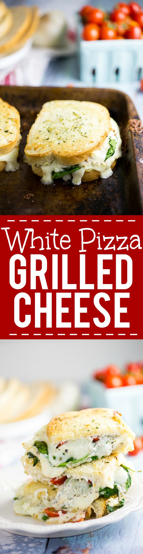 Oven Baked 5 Cheese White Pizza Grilled Cheese Recipe - Baked in the oven to golden, gooey perfection, this deluxe 5 Cheese White Pizza Grilled Cheese is the ultimate cheesy sandwich with 5 types of real cheese, a garlic herb ricotta spread, garlic butter, tangy cherry tomatoes and spinach. 