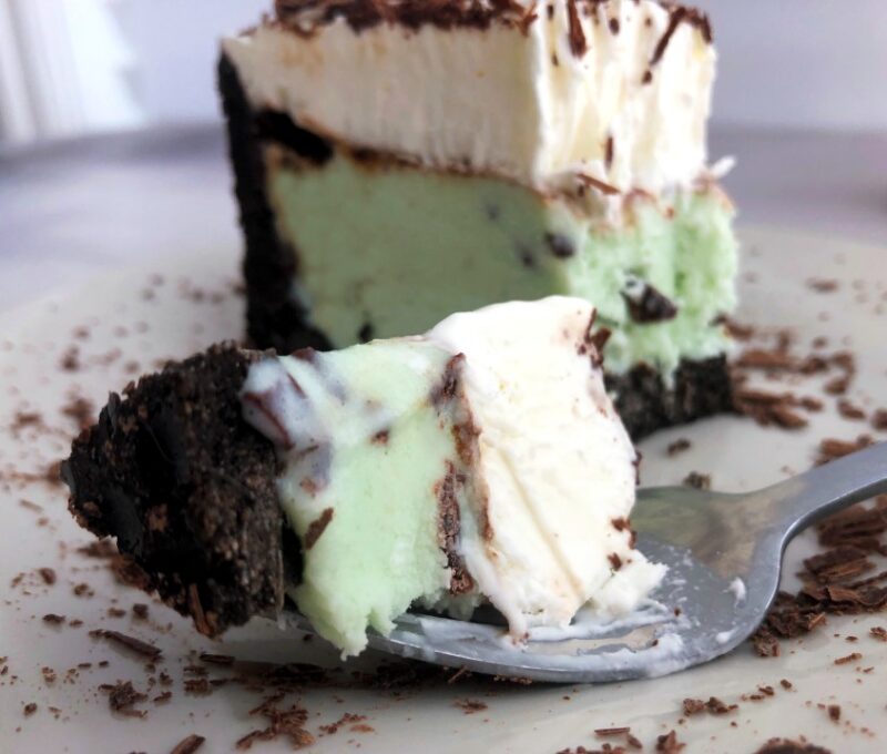 a bite of mint ice cream oreo pie on a fork
