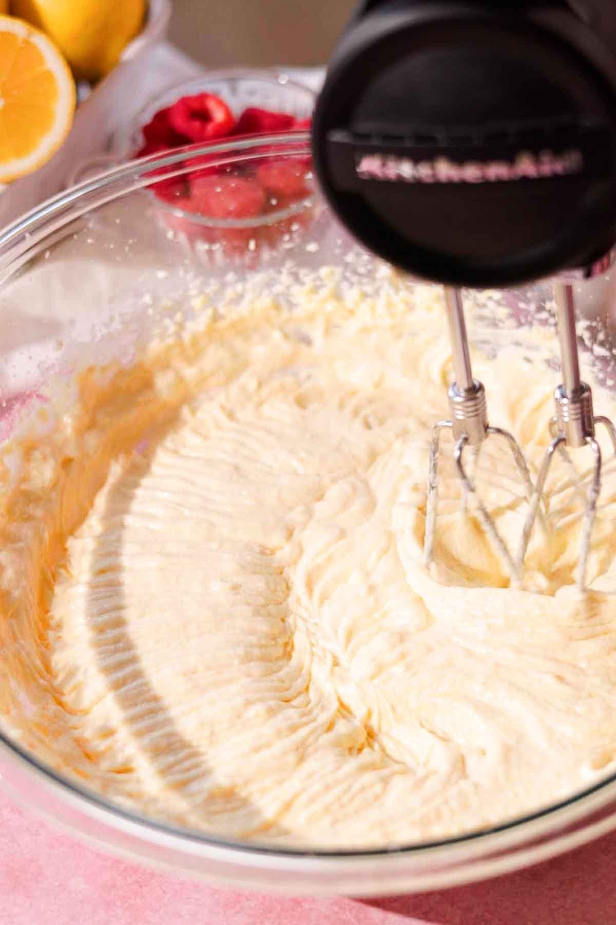 beat wet ingredients together in large glass bowl with electric mixer